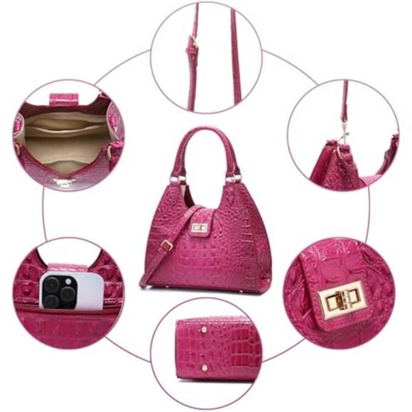 Ladies Tote Dark Pink Vegan Leather Bags Crocodile Embossed Zipper Satchel Purse - Picture 6 of 7